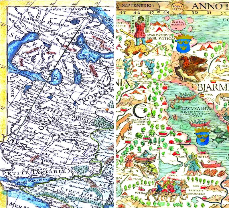 Ось Мира. Слева – фрагмент карты 17 века с нанесённой на него Осью Мира, справа – 16-го века, на котором указан Перун с мечом и двумя письменами, а также Арктический полюс и Звёздный остров.